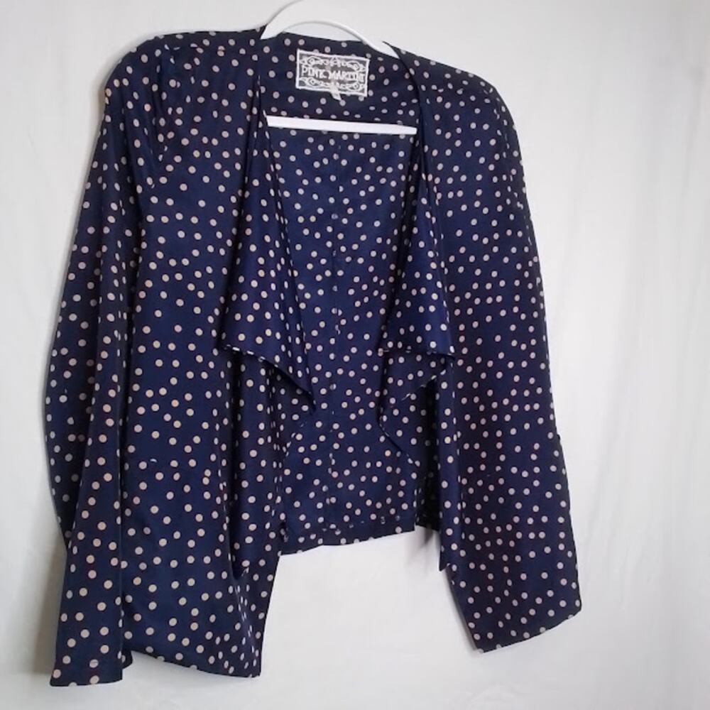 Pink Martini Navy Polka Dot Draped Open Front Blazer Cardigan Jacket‎ M